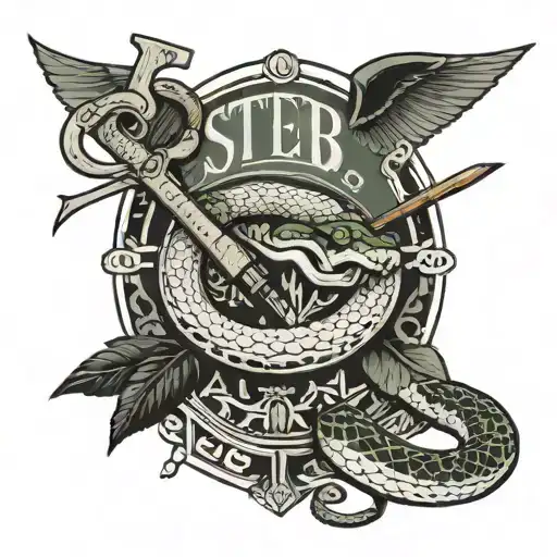 crossed oars with rattlesnake, a bucket, a bass fish, and the letters STLBC tattoo design idea