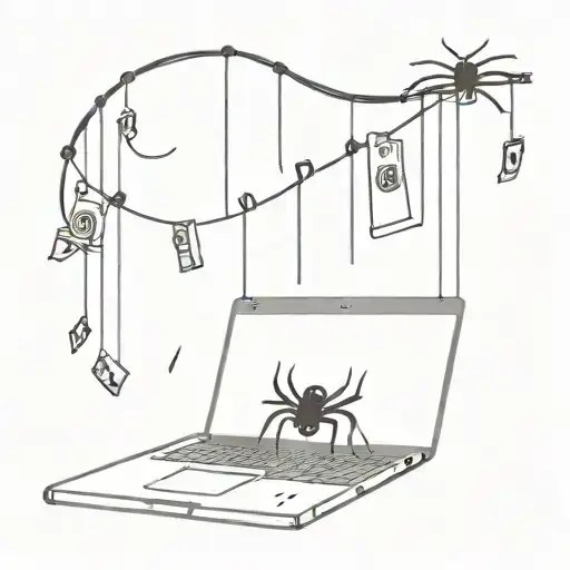 A sleek minimalist design of a spider hanging from a laptop with cash money raining down around them tattoo design idea