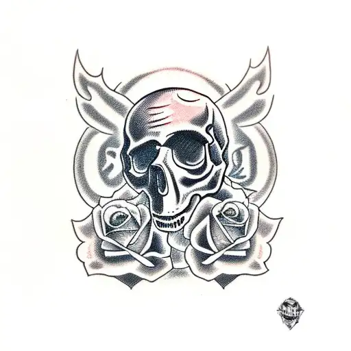 Skull with rose with name Jane in side surrounded by fire tattoo design idea
