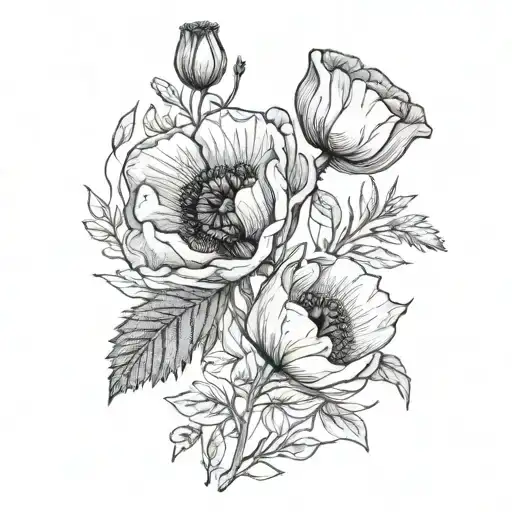 poppies and olive branch with the names Jesse and Isaiah tattoo design idea