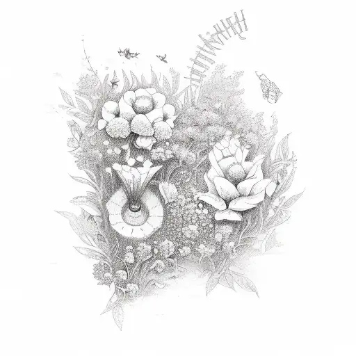 A trail of flowers leading to a mysterious book tattoo design idea