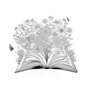 A trail of flowers leading to a mysterious book tattoo design idea