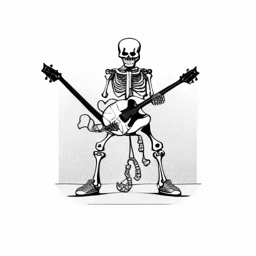 skeleton, standing, playing a electric guitar, in black and white tattoo design idea
