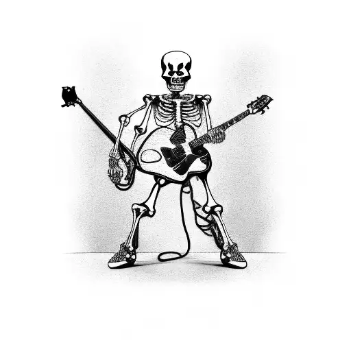 skeleton, standing, playing a electric guitar, in black and white tattoo design idea