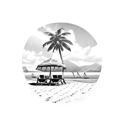 A serene beach scene with palm trees, waves, and a motorcycle parked nearby tattoo design idea
