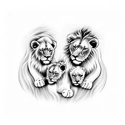 a couple of lions with two cubs and the lion's mane being the hairs of a woman tattoo design idea
