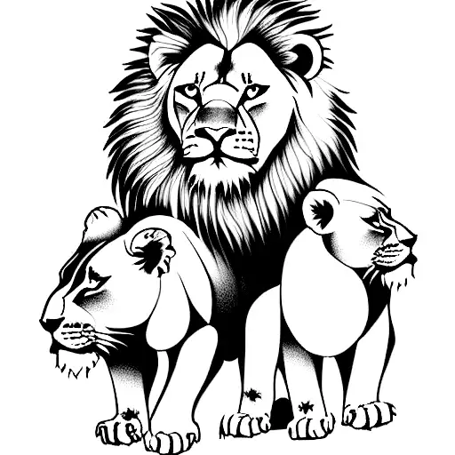 a couple of lions with two cubs and the lion's mane being the hairs of a woman tattoo design idea