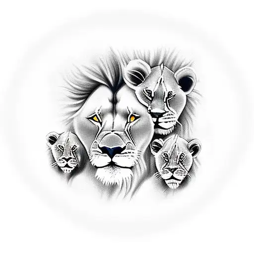a couple of lions with two cubs and the lion's mane being the hairs of a woman tattoo design idea