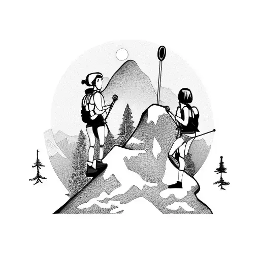 A group of hikers standing on a mountain peak, with their backpacks and trekking poles tattoo design idea