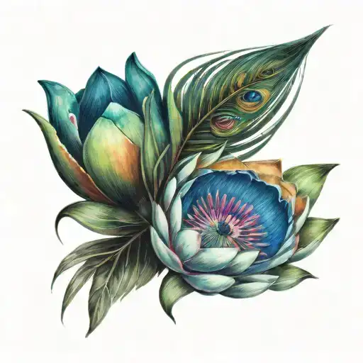 peacock feather water lily tattoo design idea