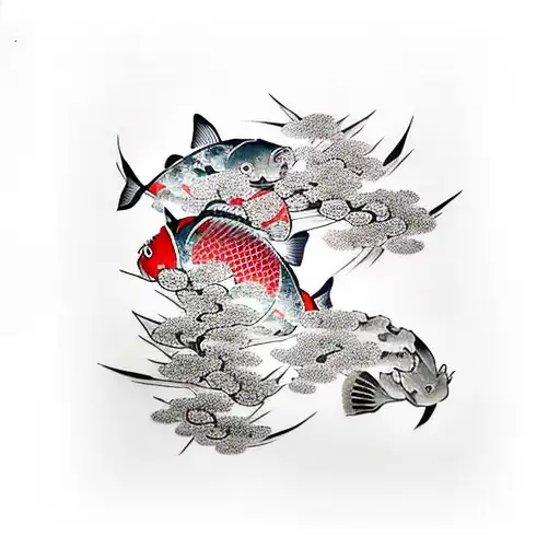 japanese style but paint brush, koi fish, katsuki clouds and sakuras tattoo design idea