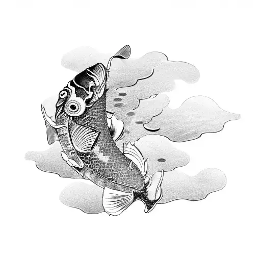 japanese style but paint brush, with koi fish, katsuky clouds and sakuras tattoo design idea