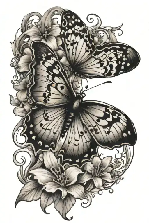A sketch-style tattoo of a butterfly made up of intricate patterns inspired by violets and lily of the valley flowers tattoo design idea