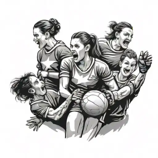 A detailed portrait of a girl handball goalkeeper with their family and friends cheering them on in the background tattoo design idea