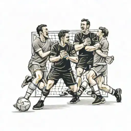 A detailed portrait of a handball goalkeeper with their family and friends cheering them on in the background tattoo design idea