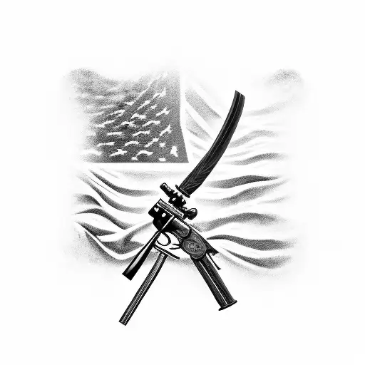A welding torch and a hunting rifle crossed over an American flag tattoo design idea