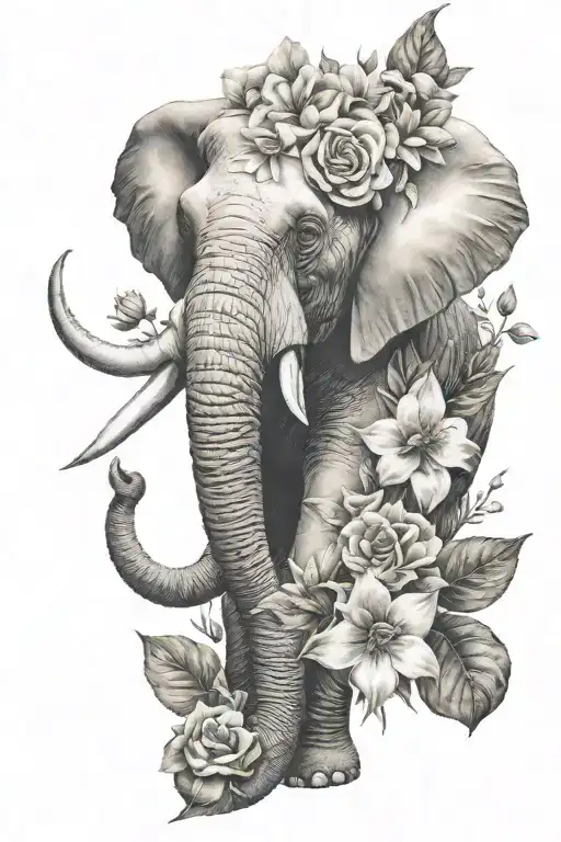 elephant head and flowers wrapped tattoo design idea