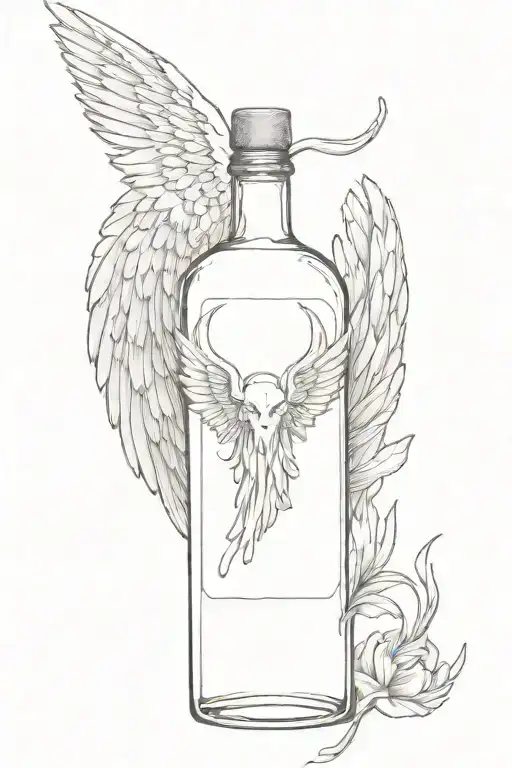 whiskey bottle, with devil horns and angel wings, on a shelf, broken heart  tattoo design idea