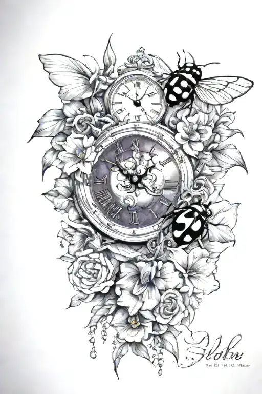 violet, iris, primrose, clock, ladybug tattoo design idea