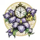 iris flower, violet flower, primrose flower, clock tattoo design idea