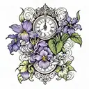 iris flower, violet flower, primrose flower, clock tattoo design idea