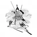 Anime-inspired samurai warrior surrounded by Chinese calligraphy tattoo design idea