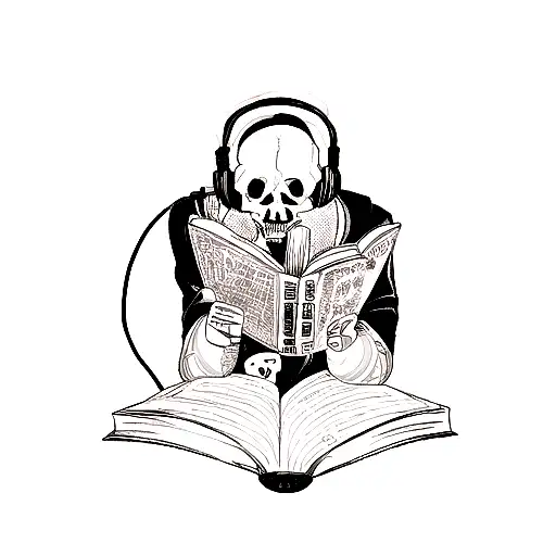 A new-school tattoo of a skull wearing gaming headphones, reading a book with musical notes and anime characters emerging from the pages tattoo design idea