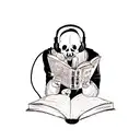 A new-school tattoo of a skull wearing gaming headphones, reading a book with musical notes and anime characters emerging from the pages tattoo design idea