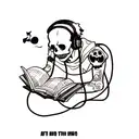 A new-school tattoo of a skull wearing gaming headphones, reading a book with musical notes and anime characters emerging from the pages tattoo design idea