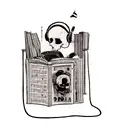 A new-school tattoo of a skull wearing gaming headphones, reading a book with musical notes and anime characters emerging from the pages tattoo design idea