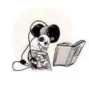 A new-school tattoo of a skull wearing gaming headphones, reading a book with musical notes and anime characters emerging from the pages tattoo design idea