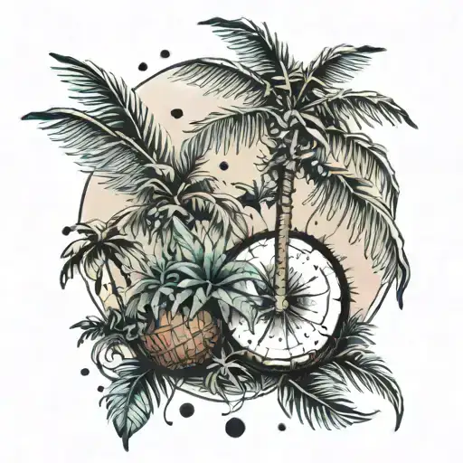 A tropical scene with coconut trees and weed plants intertwined tattoo design idea