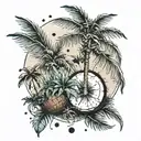 A tropical scene with coconut trees and weed plants intertwined tattoo design idea