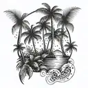 A tropical scene with coconut trees and weed plants intertwined tattoo design idea