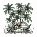 A tropical scene with coconut trees and weed plants intertwined tattoo design idea