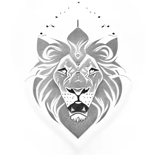 Lion head tattoo with raging sun above head tattoo design idea