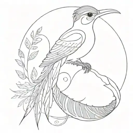 A quetzal in very fine line, minimalist with a long tail and surrounded by a dotted semi-circle tattoo design idea