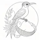 A quetzal in very fine line, minimalist with a long tail and surrounded by a dotted semi-circle tattoo design idea