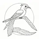A quetzal in very fine line, minimalist with a long tail and surrounded by a dotted semi-circle tattoo design idea