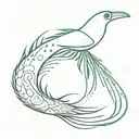 A quetzal in very fine line, minimalist with a long tail and surrounded by a dotted semi-circle tattoo design idea