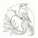 A quetzal in very fine line, minimalist with a long tail and surrounded by a dotted semi-circle tattoo design idea