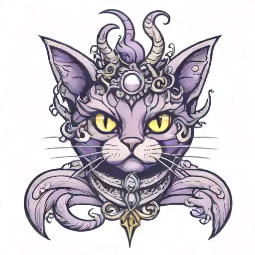 nacked violett cat with horns 3 eyes looking straight tattoo design idea