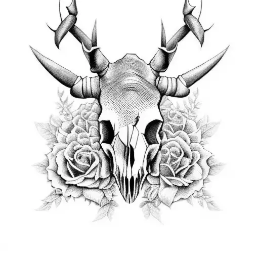 Create a black-grey tattoo featuring a rhinoceros skull adorned with intricate floral patterns, inspired by Rammstein's powerful lyrics tattoo design idea