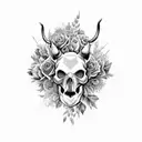 Create a black-grey tattoo featuring a rhinoceros skull adorned with intricate floral patterns, inspired by Rammstein's powerful lyrics tattoo design idea