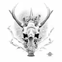 Create a black-grey tattoo featuring a rhinoceros skull adorned with intricate floral patterns, inspired by Rammstein's powerful lyrics tattoo design idea