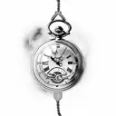 A pocket watch with a broken screen, having inscriptions engraved March 21, 2023 below the screen, sinking in the ocean tattoo design idea