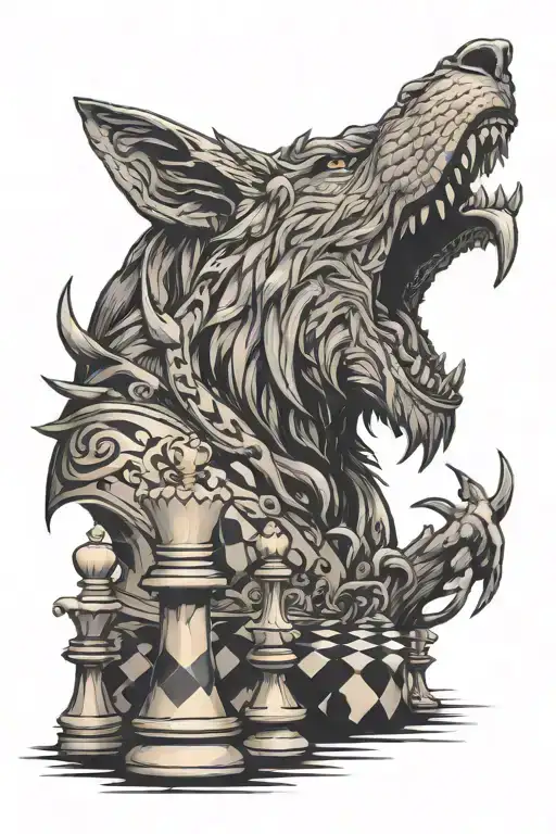 Lone wolf on a chess board. with no chess pieces. The other side is animals from the jungle, e.g. Snake and lion tattoo design idea