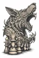 Lone wolf on a chess board. with no chess pieces. The other side is animals from the jungle, e.g. Snake and lion tattoo design idea