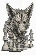 Lone wolf on a chess board. with no chess pieces. The other side is animals from the jungle, e.g. Snake and lion tattoo design idea