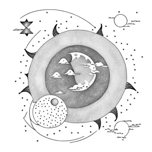 moon and sun, sepperate but together. surpunded by dots and geometric shapes turning i to a nature scene tattoo design idea
